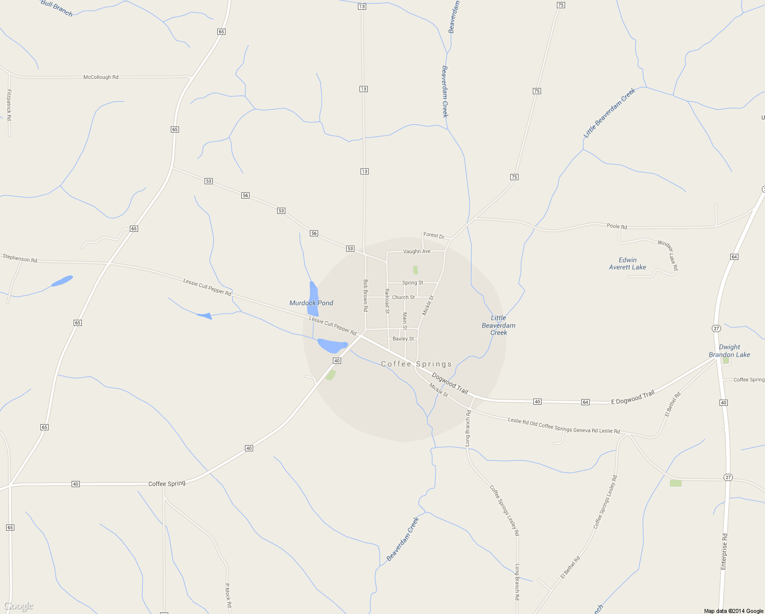 map of restaurants, bars, coffee shops, grocery stores, and more near 211 Railroad St in Coffee Springs