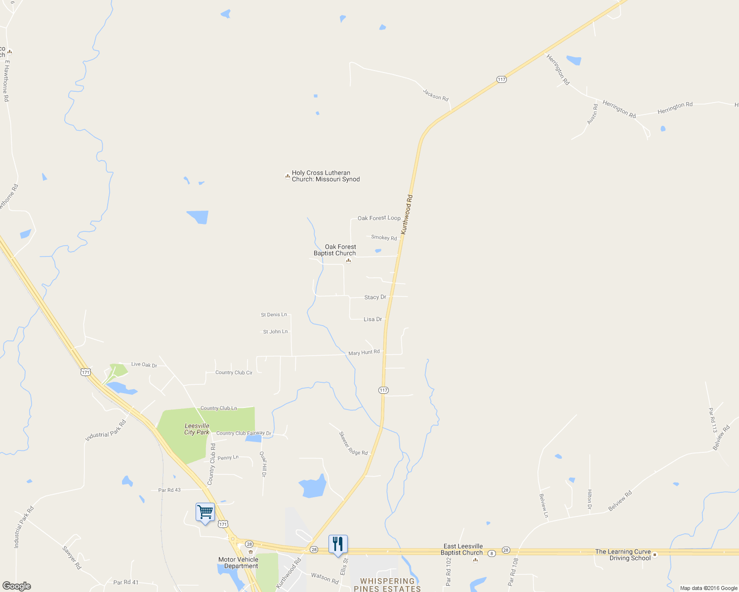 map of restaurants, bars, coffee shops, grocery stores, and more near 217 Stacy Drive in Leesville