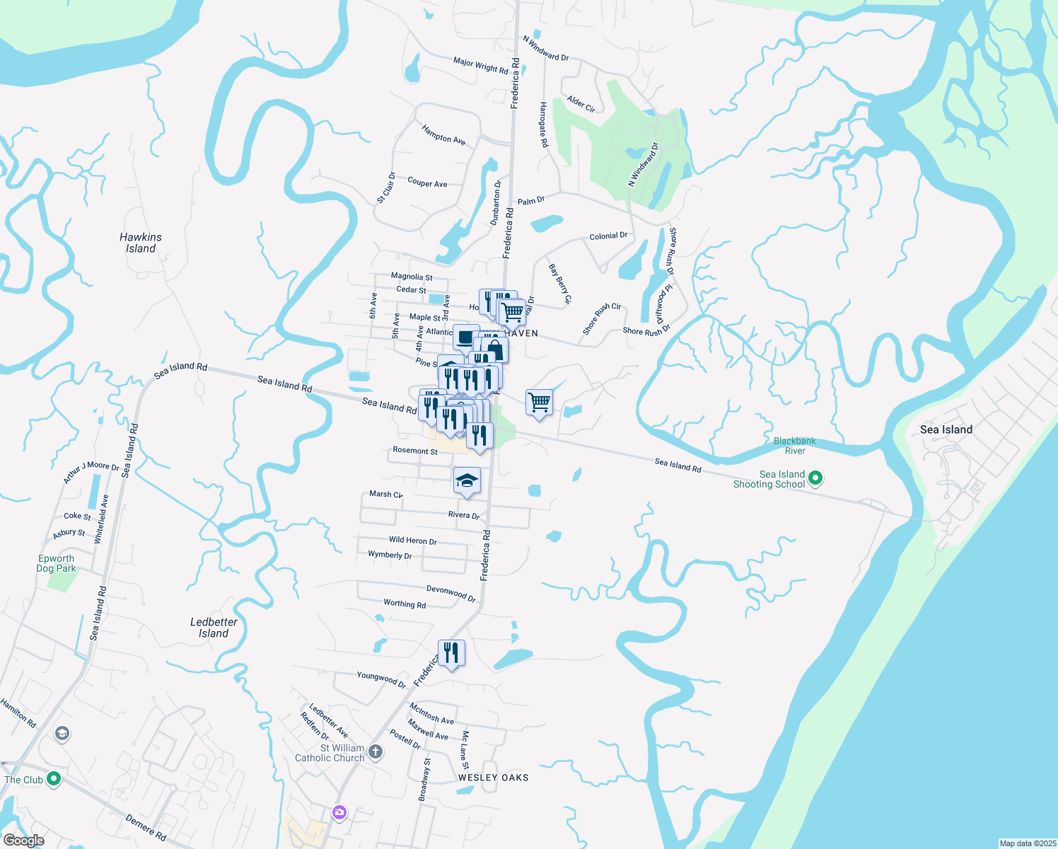 map of restaurants, bars, coffee shops, grocery stores, and more near 401 Sea Island Road in Saint Simons Island