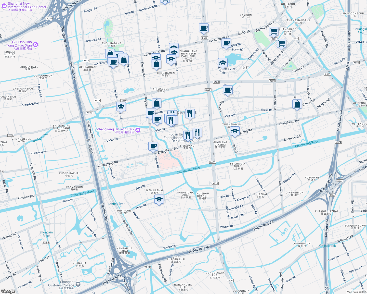 map of restaurants, bars, coffee shops, grocery stores, and more near Zhangheng Road in Shanghai
