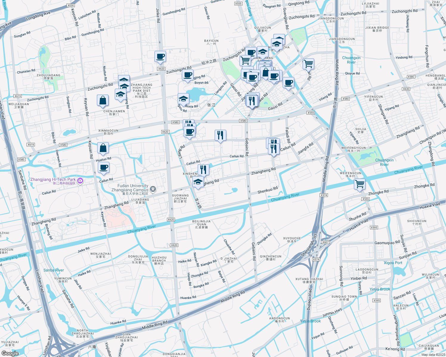map of restaurants, bars, coffee shops, grocery stores, and more near Zhangheng Road in Shanghai