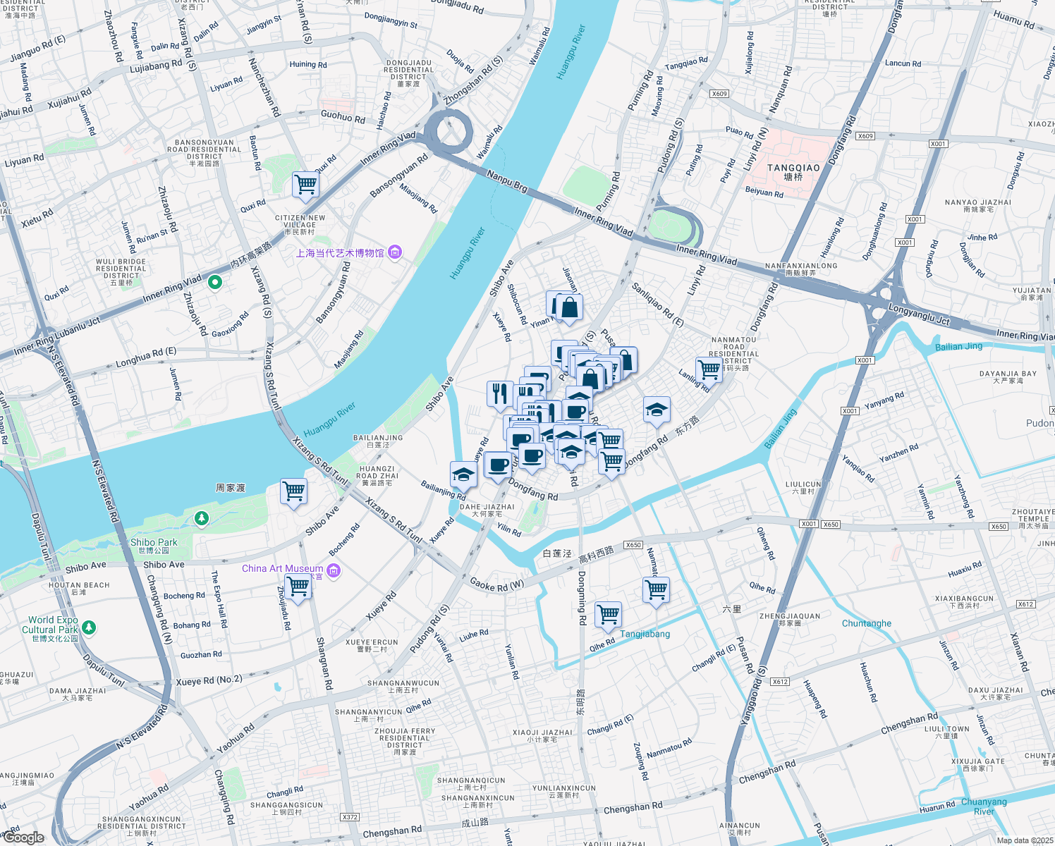 map of restaurants, bars, coffee shops, grocery stores, and more near in 上海市