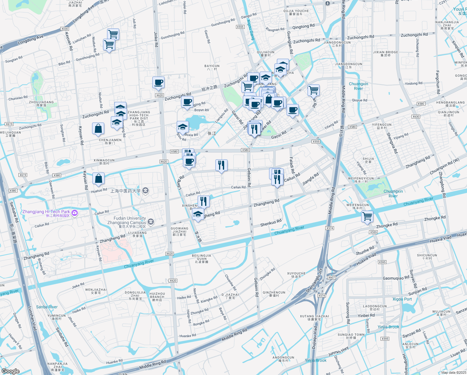 map of restaurants, bars, coffee shops, grocery stores, and more near 600 Cai Lun Lu in Shanghai
