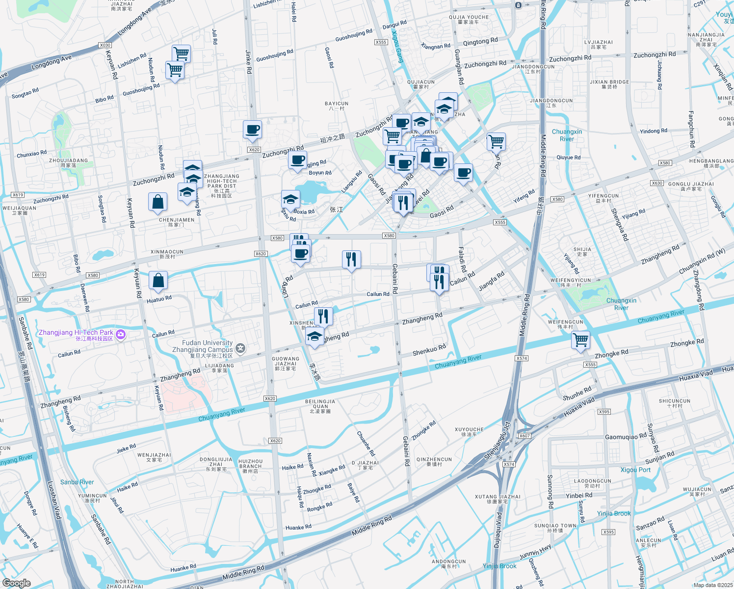 map of restaurants, bars, coffee shops, grocery stores, and more near 600 Cai Lun Lu in Shanghai