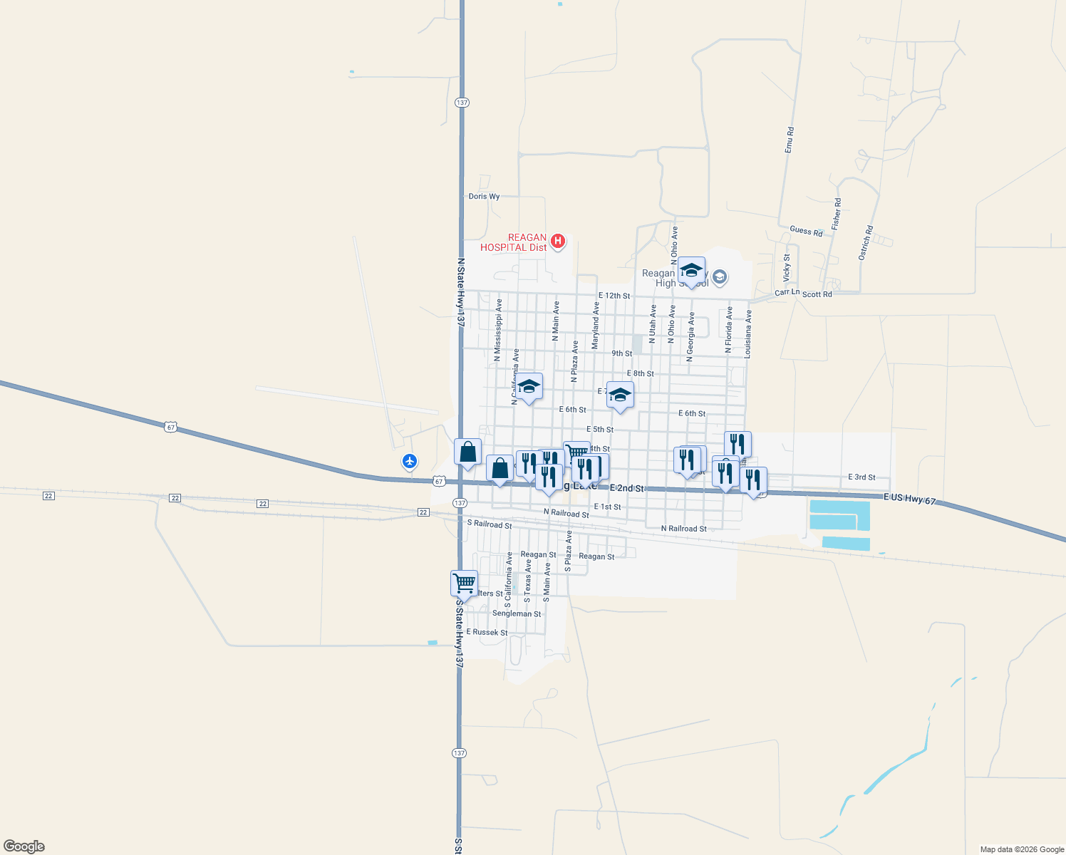 map of restaurants, bars, coffee shops, grocery stores, and more near 499 North Texas Avenue in Big Lake