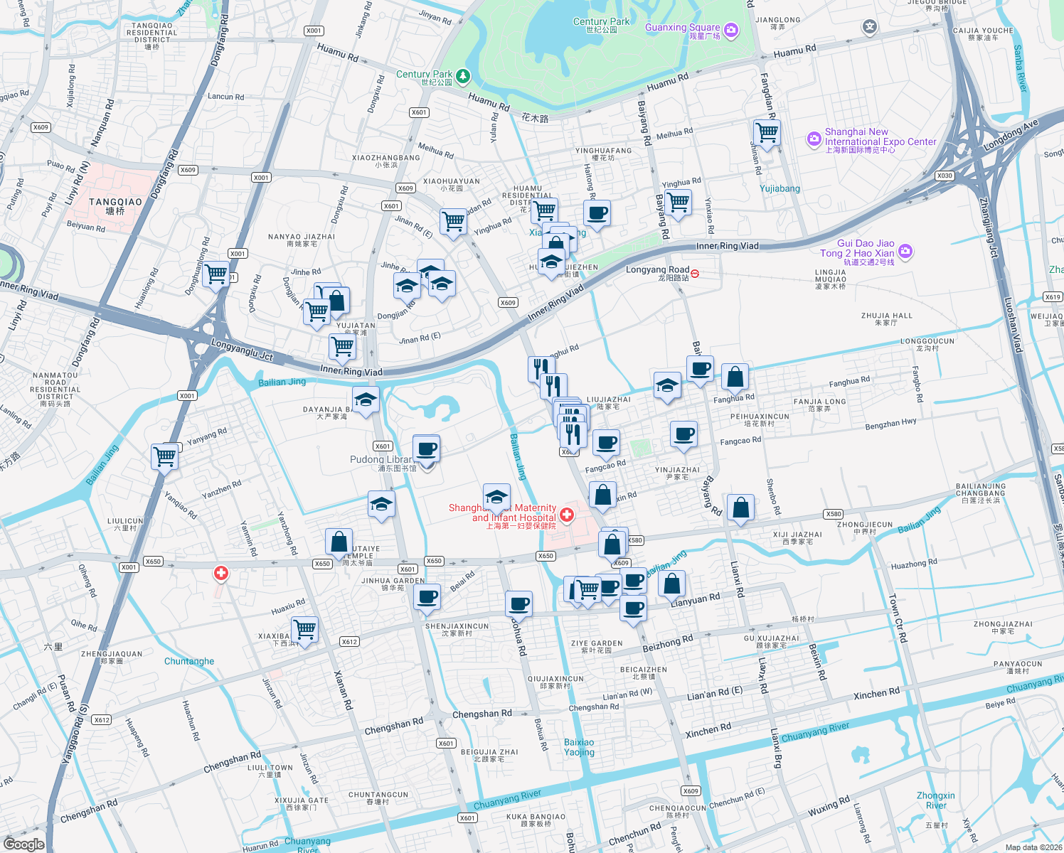 map of restaurants, bars, coffee shops, grocery stores, and more near 246 Sun Qiao Lu in Shanghai