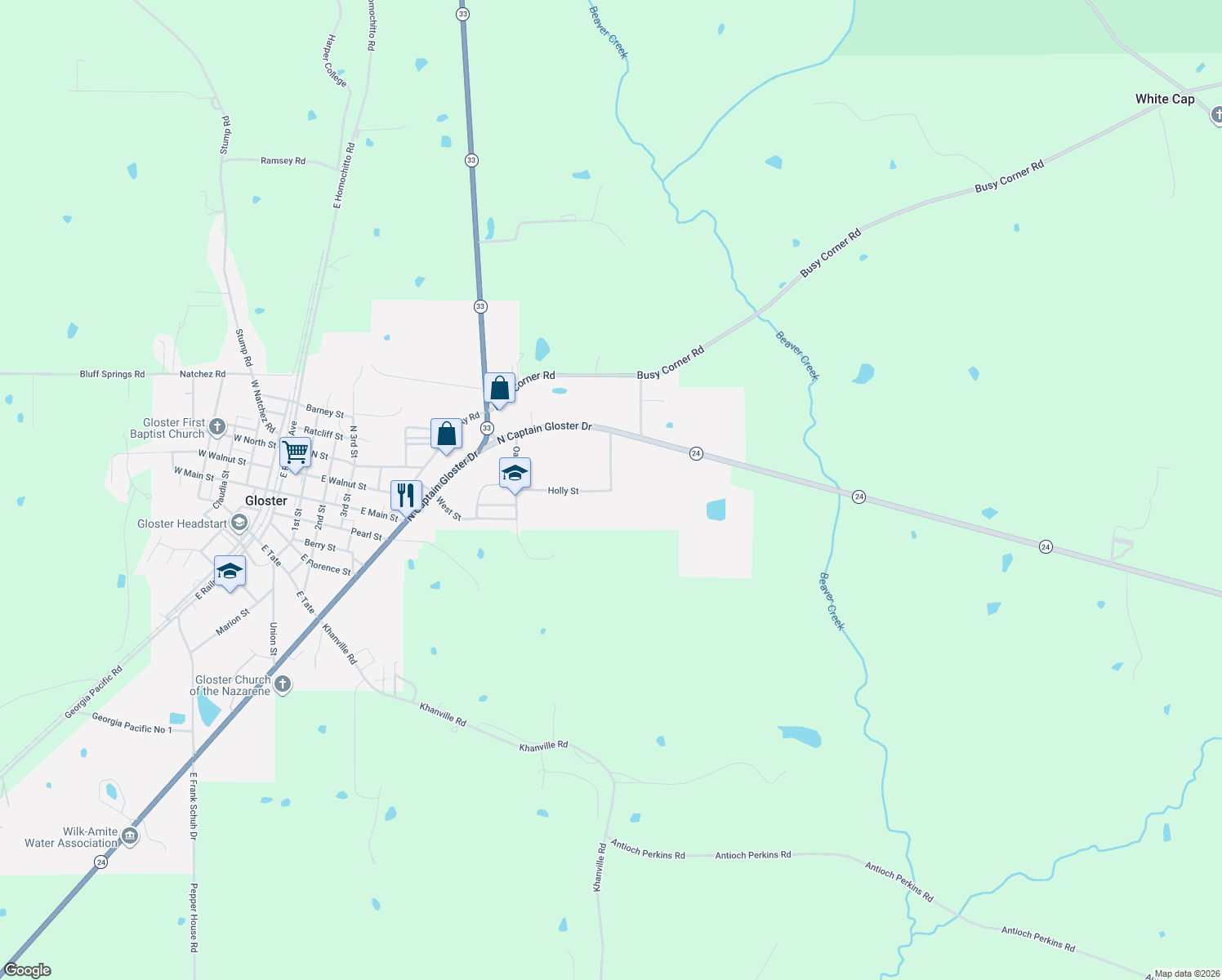 map of restaurants, bars, coffee shops, grocery stores, and more near 466 North Magnolia Street in Gloster