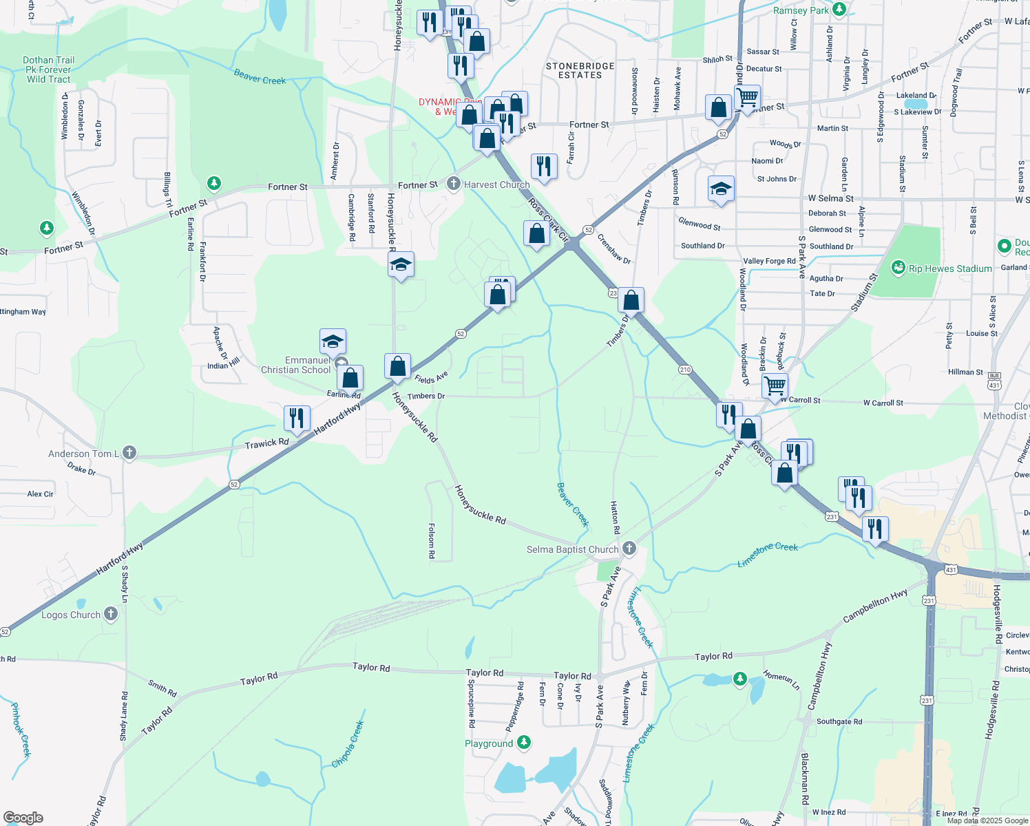 map of restaurants, bars, coffee shops, grocery stores, and more near 112 Inalaura Court in Dothan