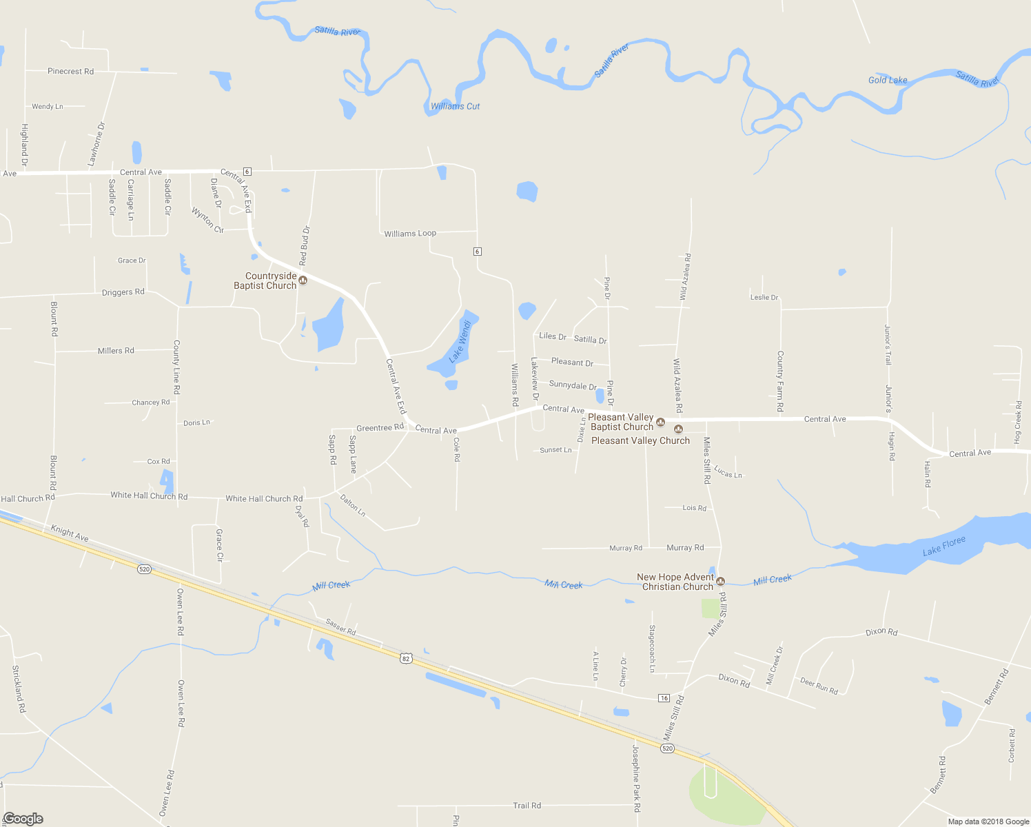 map of restaurants, bars, coffee shops, grocery stores, and more near Central Avenue in Waycross