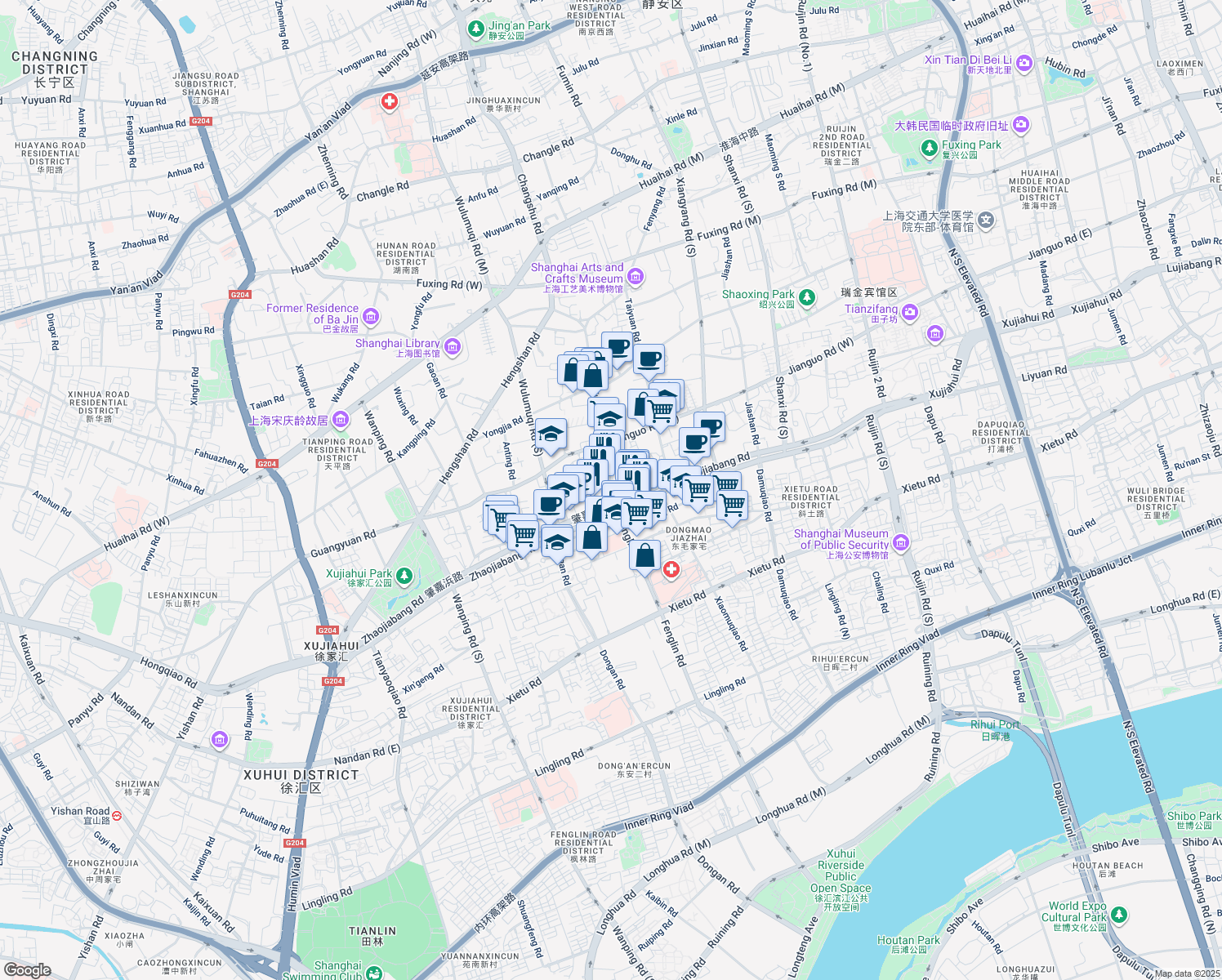 map of restaurants, bars, coffee shops, grocery stores, and more near 197号 Yueyang Road in Shanghai