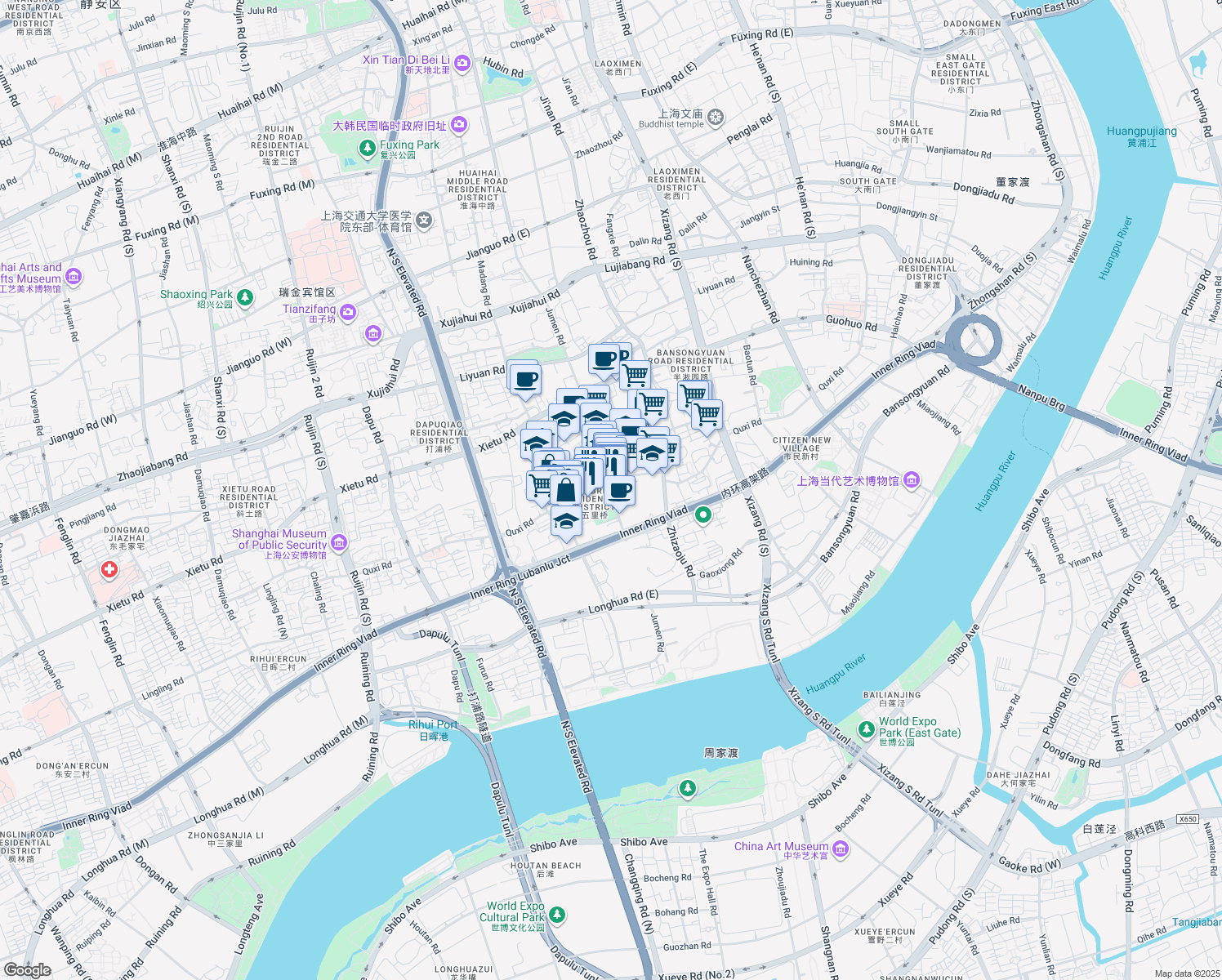 map of restaurants, bars, coffee shops, grocery stores, and more near 550 Ju Men Lu in Shanghai