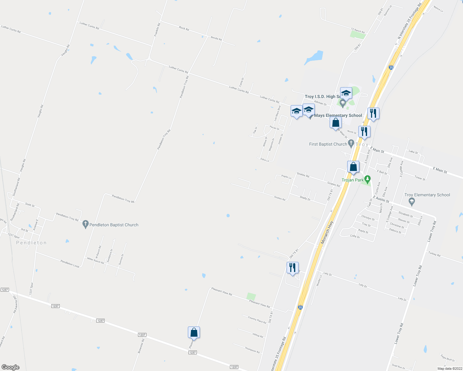 map of restaurants, bars, coffee shops, grocery stores, and more near 1679 Goates Road in Troy