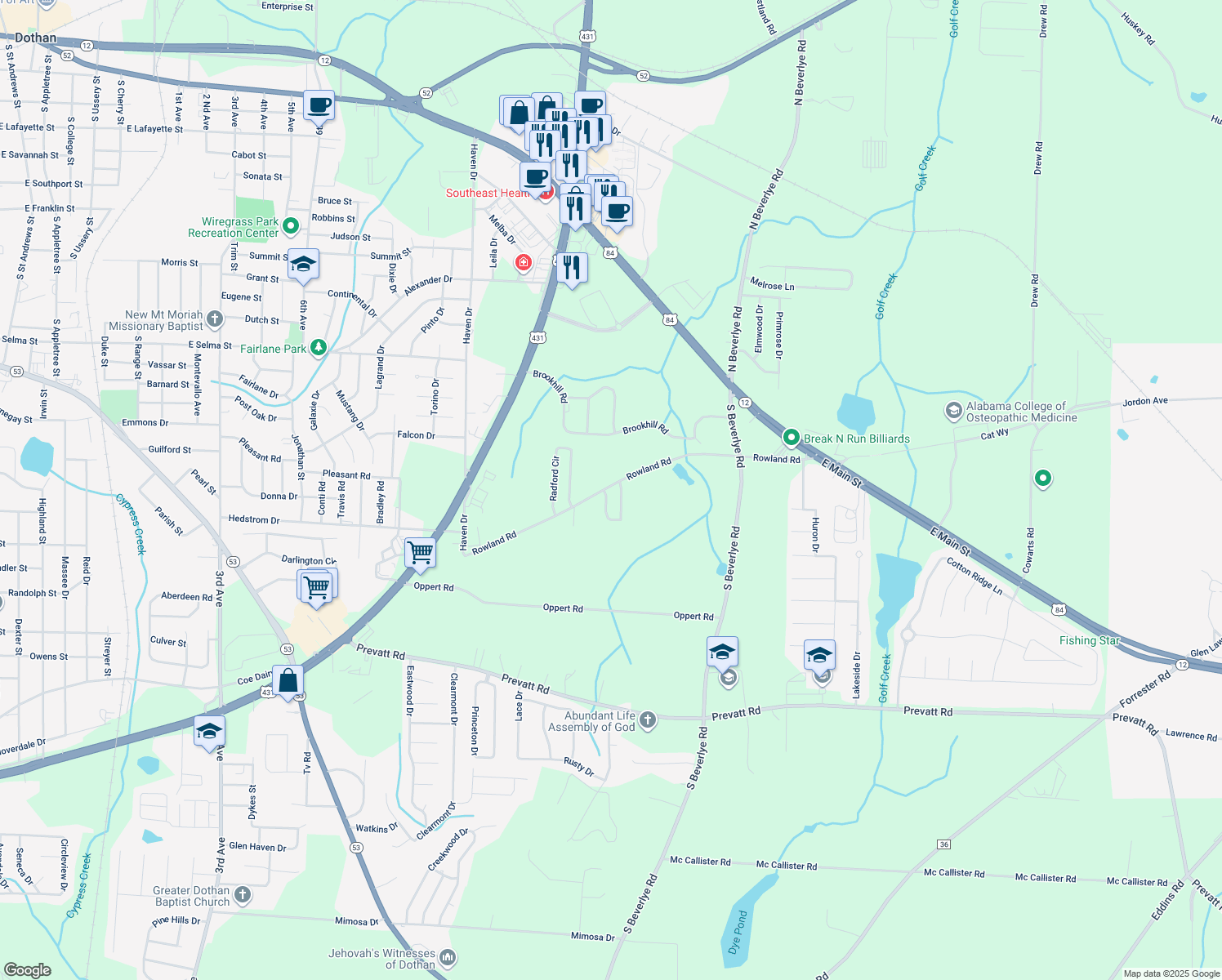 map of restaurants, bars, coffee shops, grocery stores, and more near 100 Tree Crest Road in Dothan