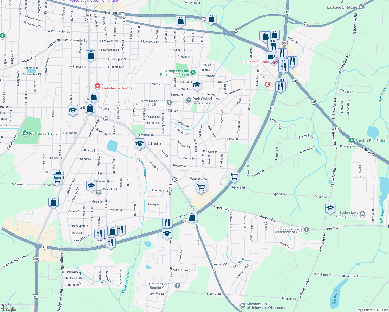map of restaurants, bars, coffee shops, grocery stores, and more near 1210 Jonathan Street in Dothan