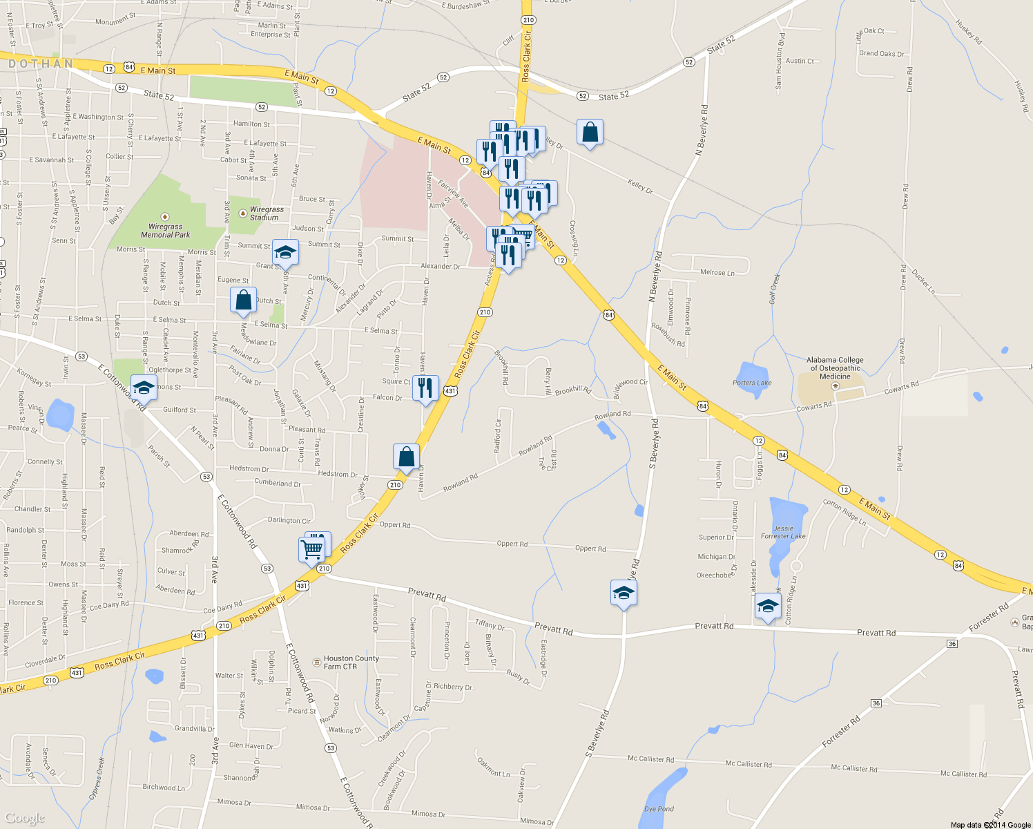 map of restaurants, bars, coffee shops, grocery stores, and more near 128 Radford Cir in Dothan