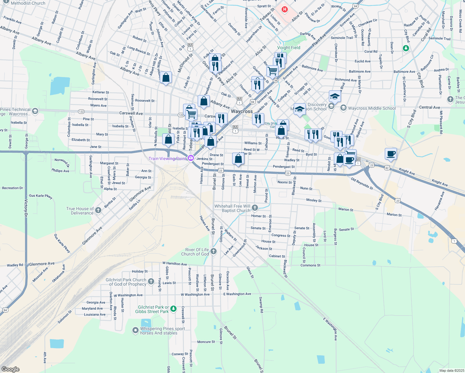 map of restaurants, bars, coffee shops, grocery stores, and more near 508 Howe Street in Waycross
