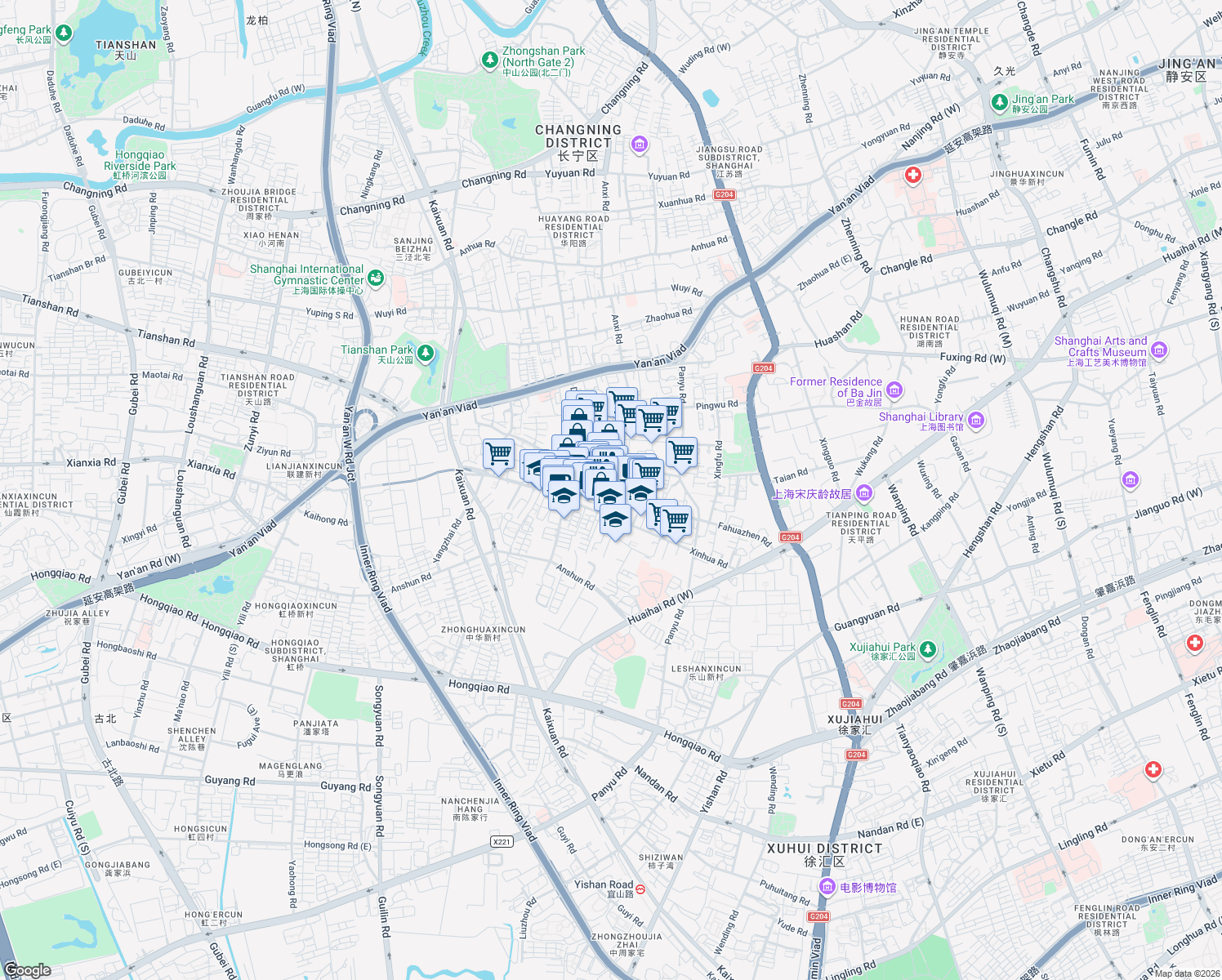 map of restaurants, bars, coffee shops, grocery stores, and more near Fahuazhen Road in Shanghai