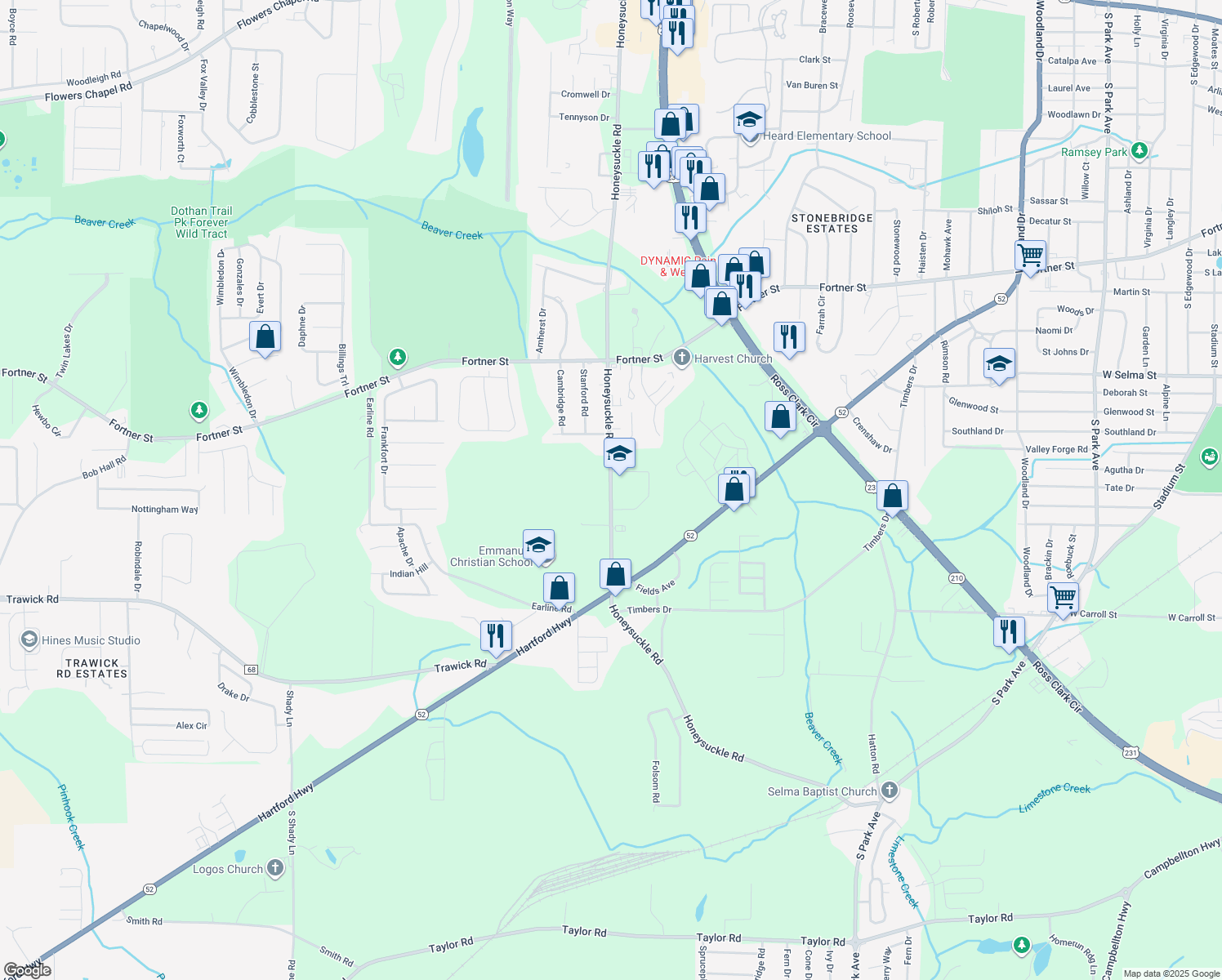 map of restaurants, bars, coffee shops, grocery stores, and more near 1665 Honeysuckle Road in Dothan