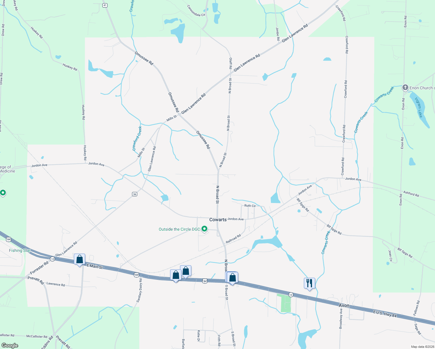 map of restaurants, bars, coffee shops, grocery stores, and more near 1 Wicker Road in Cowarts