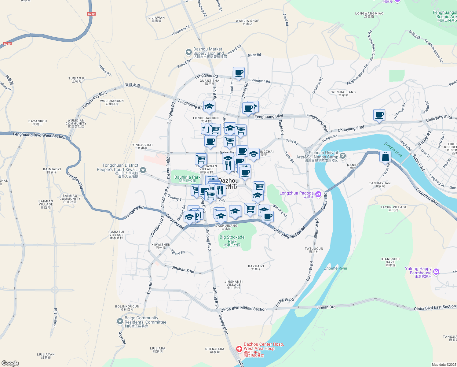 map of restaurants, bars, coffee shops, grocery stores, and more near in Dazhou