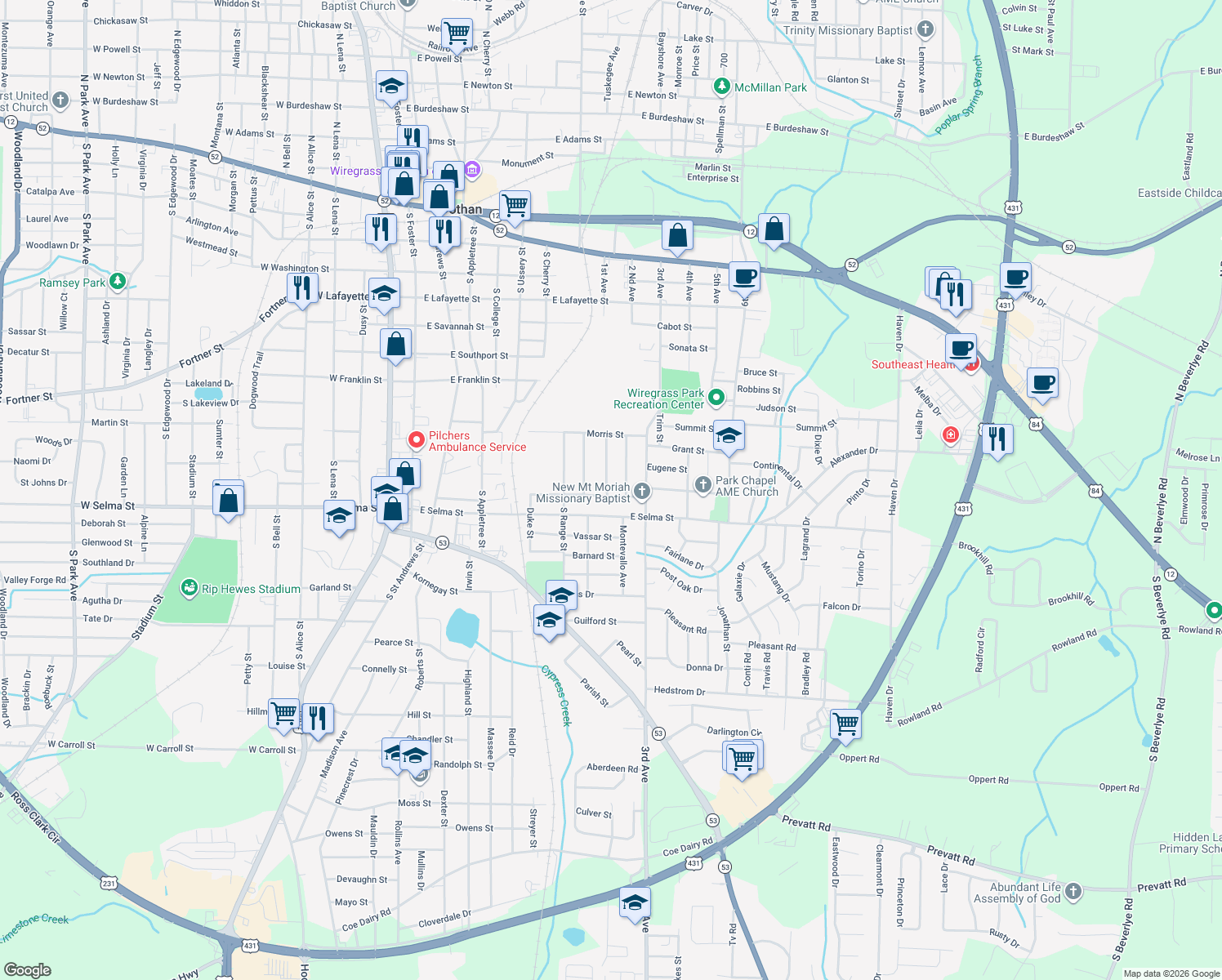 map of restaurants, bars, coffee shops, grocery stores, and more near 801 Dutch St in Dothan