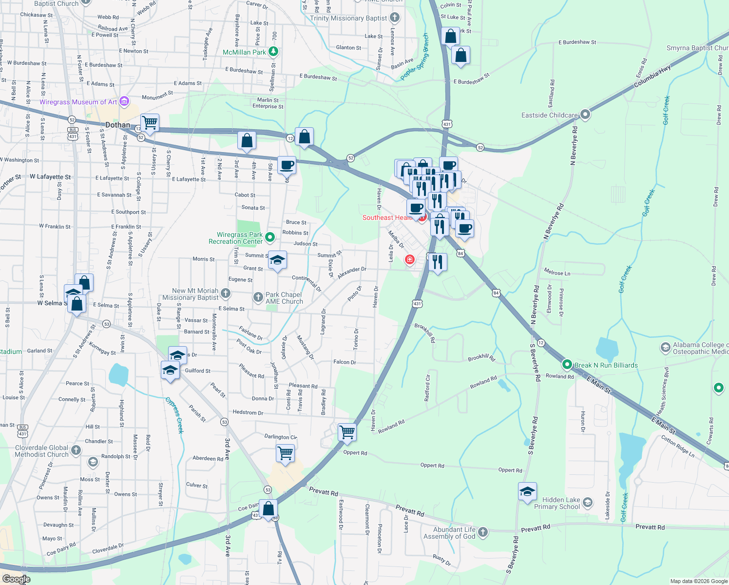 map of restaurants, bars, coffee shops, grocery stores, and more near 403 Maverick Dr in Dothan
