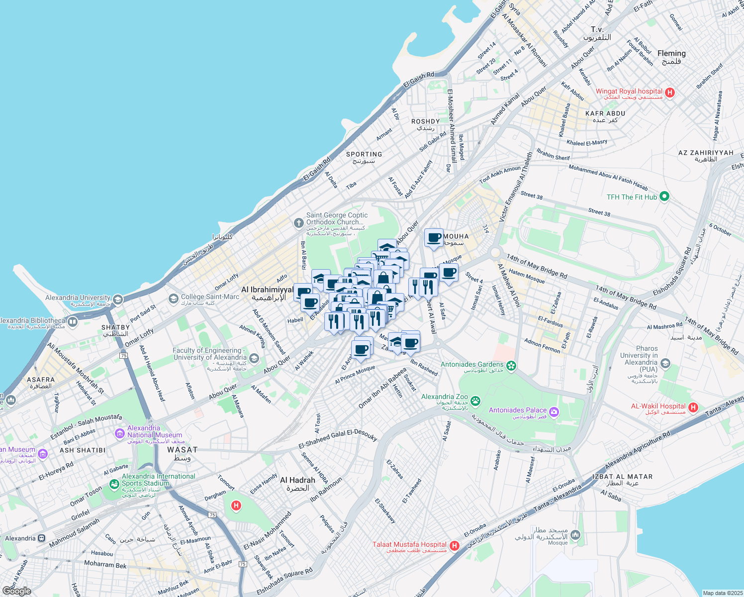 map of restaurants, bars, coffee shops, grocery stores, and more near in Sidi Gaber