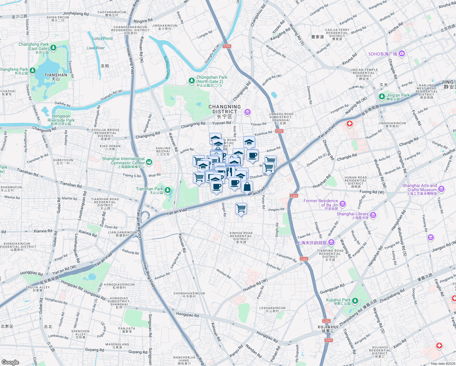 map of restaurants, bars, coffee shops, grocery stores, and more near Zhaohua Road in Shanghai