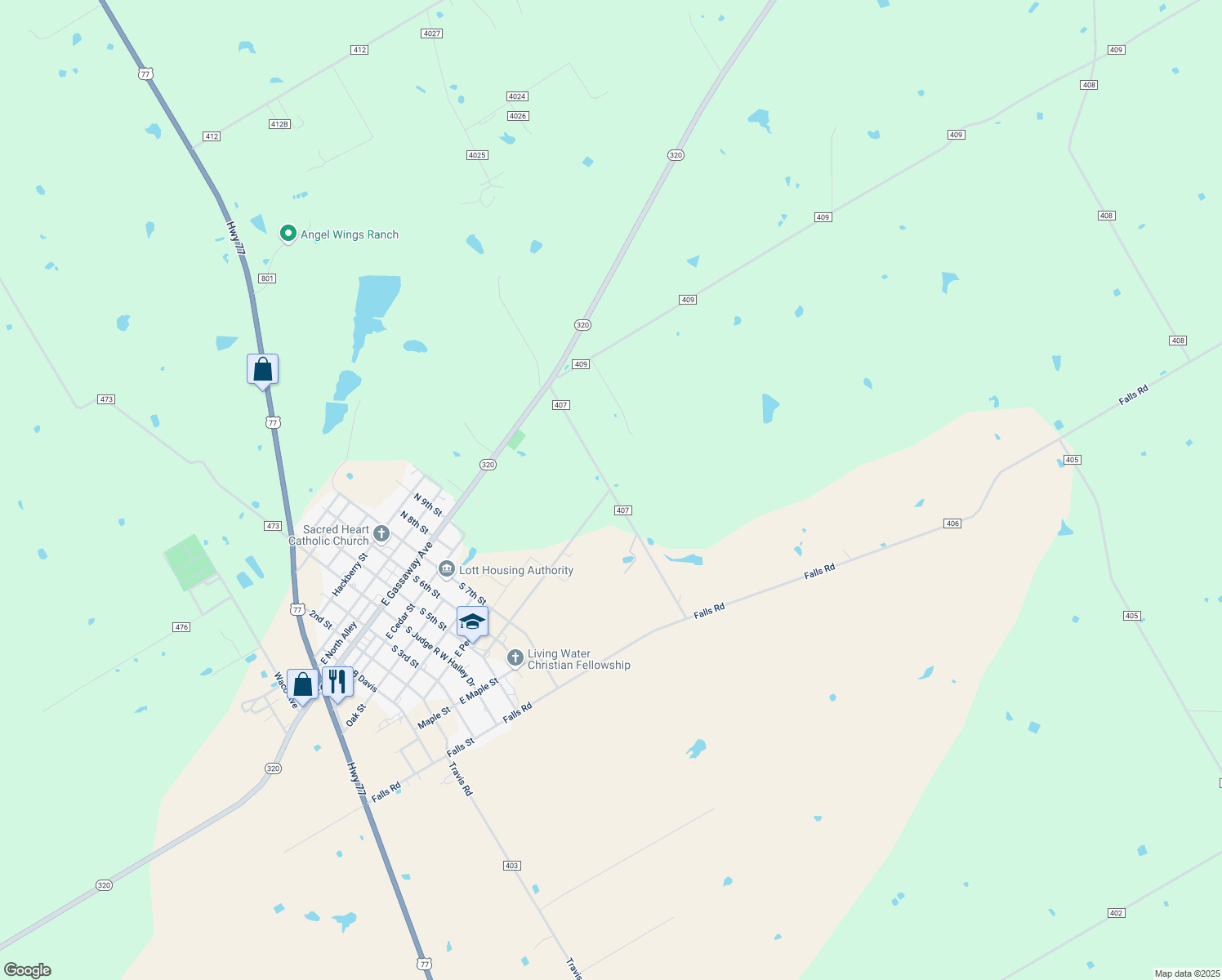 map of restaurants, bars, coffee shops, grocery stores, and more near County Road 407 in Lott