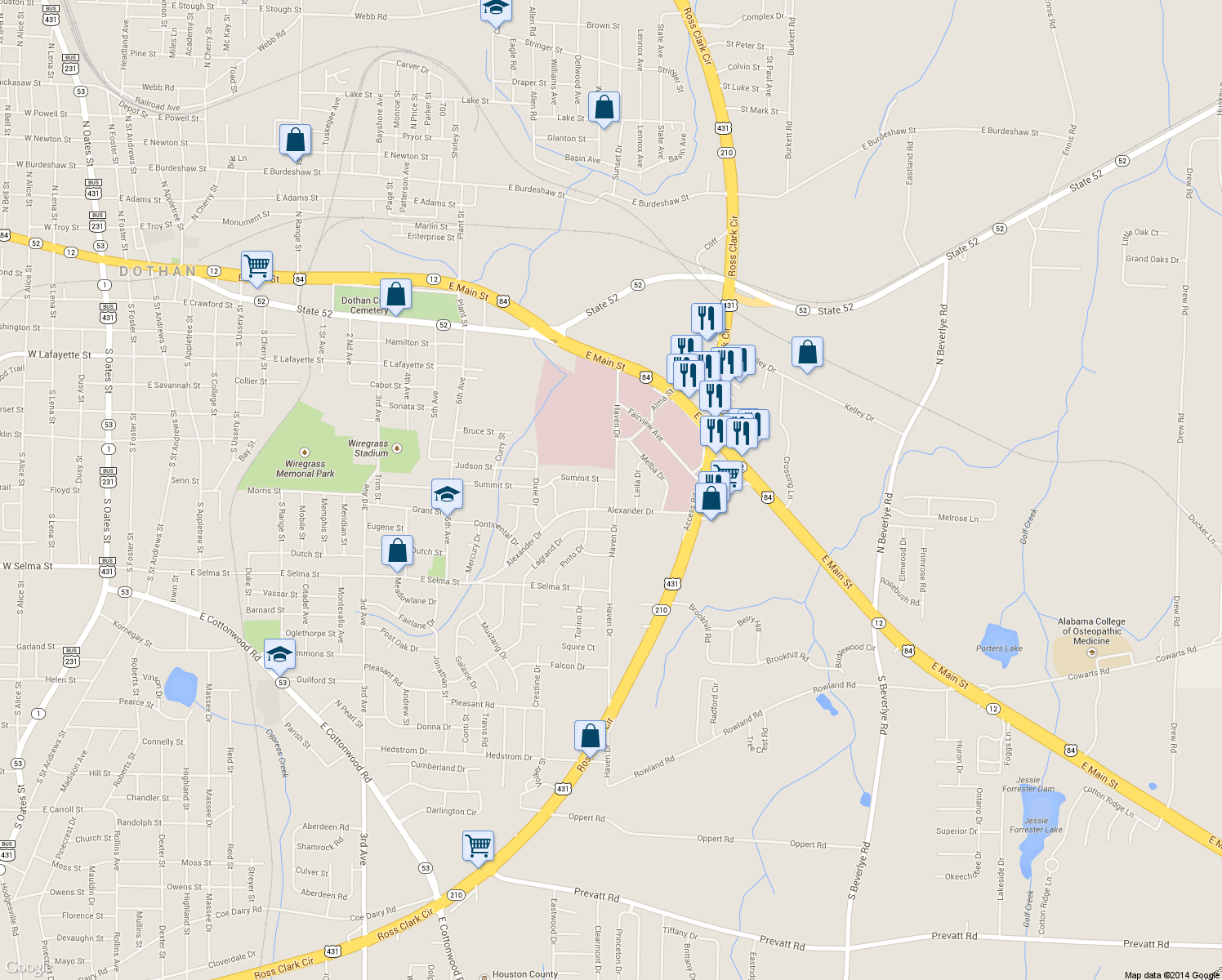 map of restaurants, bars, coffee shops, grocery stores, and more near 402 Haven Drive in Dothan