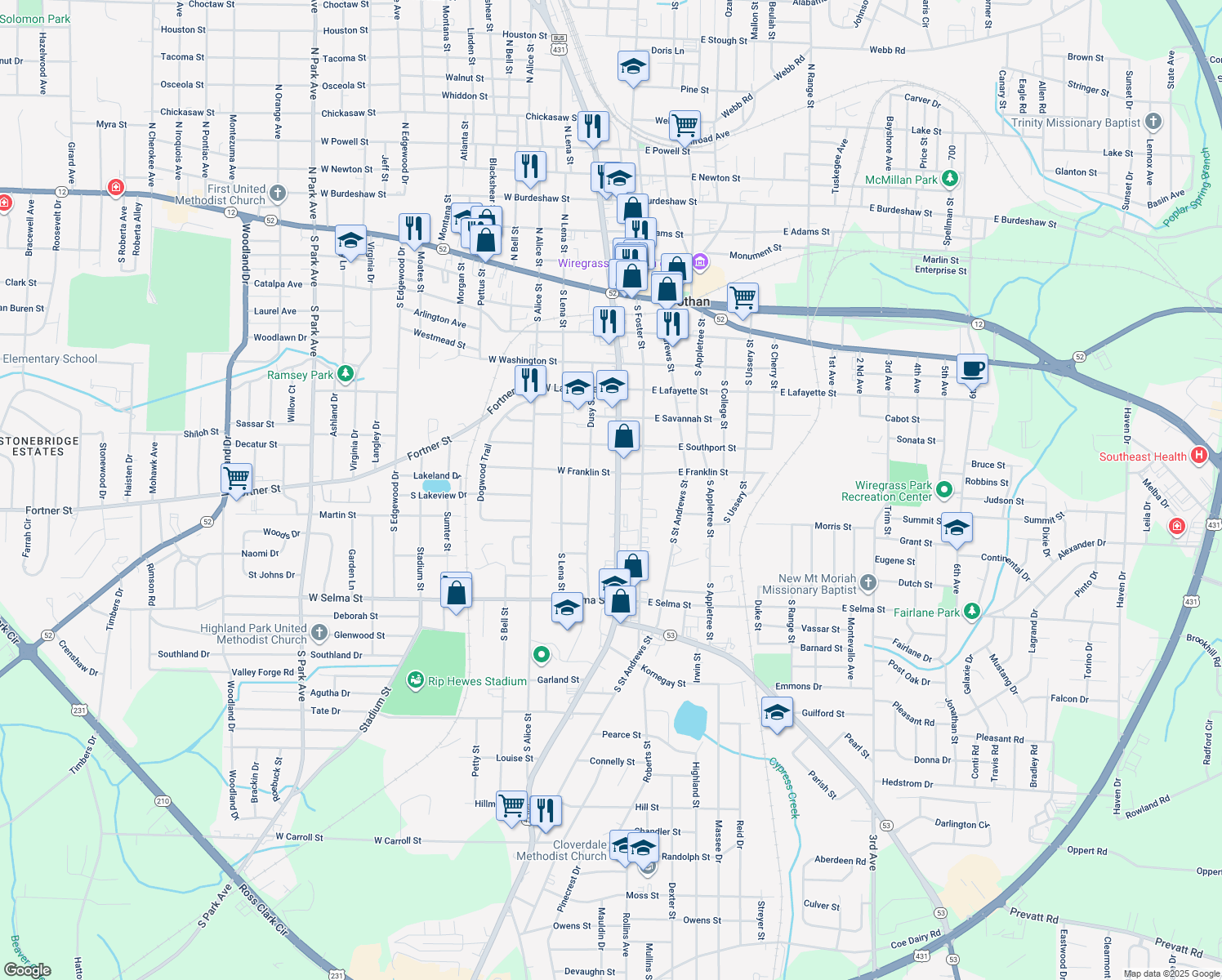 map of restaurants, bars, coffee shops, grocery stores, and more near 752 South Oates Street in Dothan