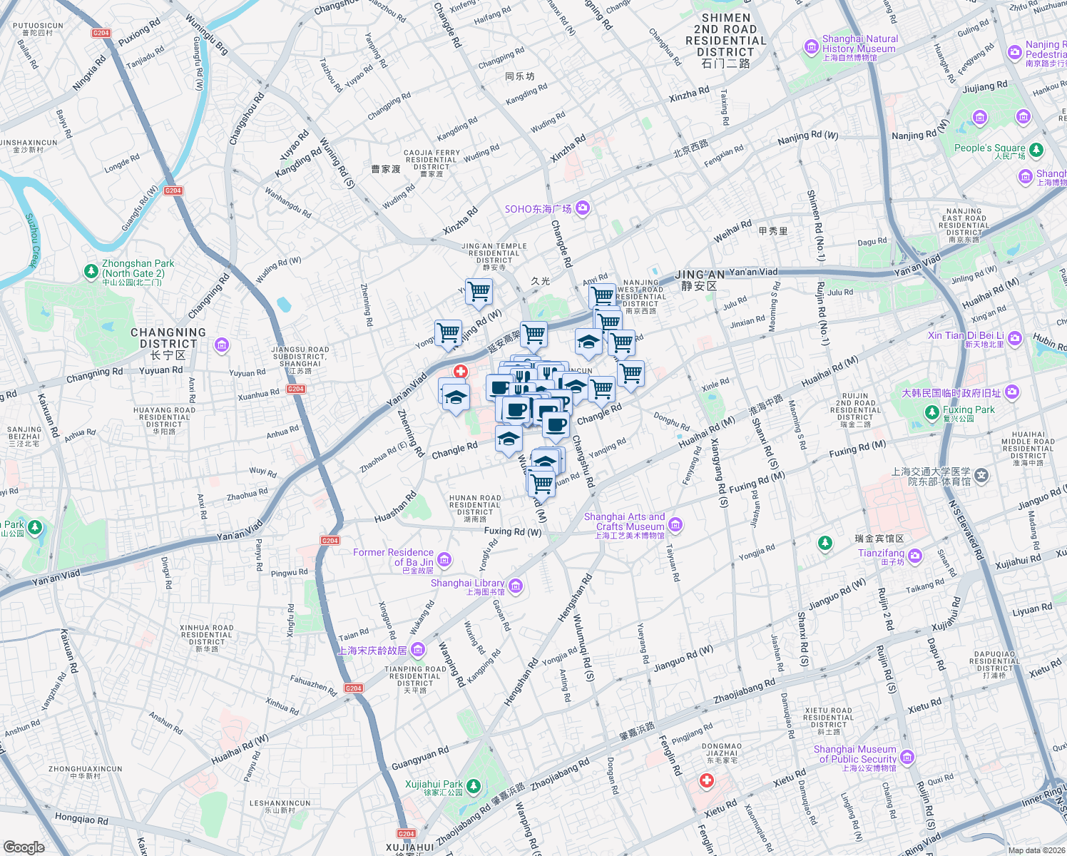 map of restaurants, bars, coffee shops, grocery stores, and more near 215 Fumin Road in Shanghai