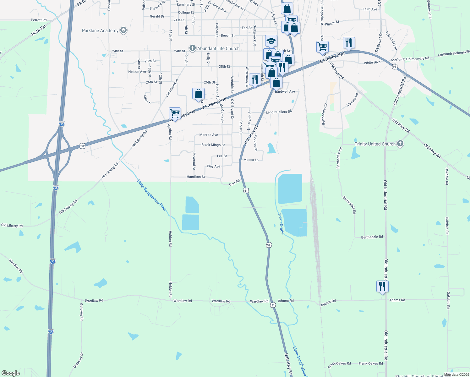 map of restaurants, bars, coffee shops, grocery stores, and more near 1025 Carr Road in McComb