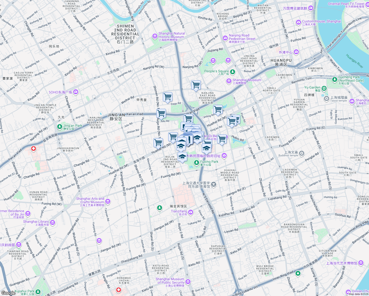 map of restaurants, bars, coffee shops, grocery stores, and more near Nanchang Road in Shanghai