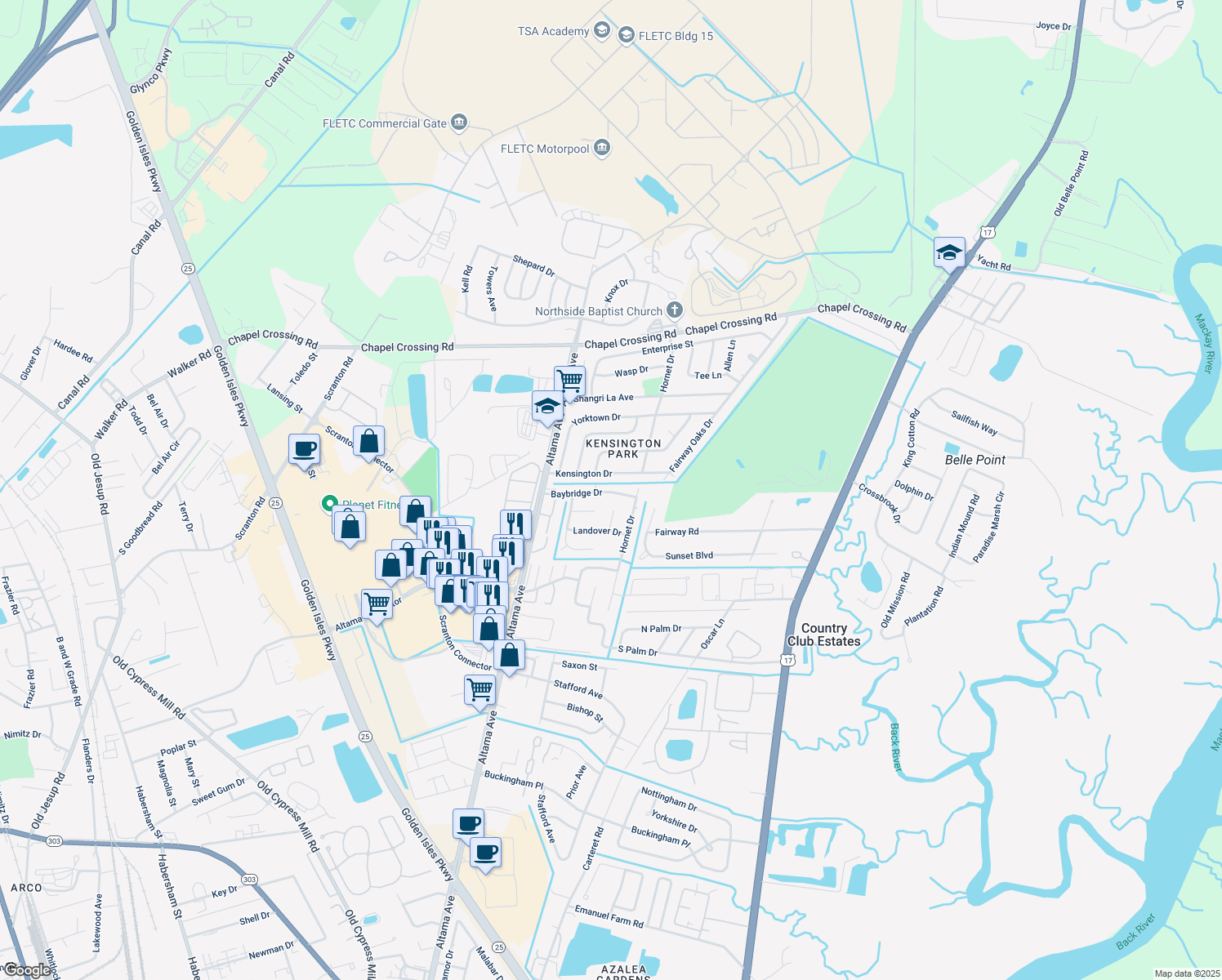 map of restaurants, bars, coffee shops, grocery stores, and more near 127 Baybridge Dr in Brunswick