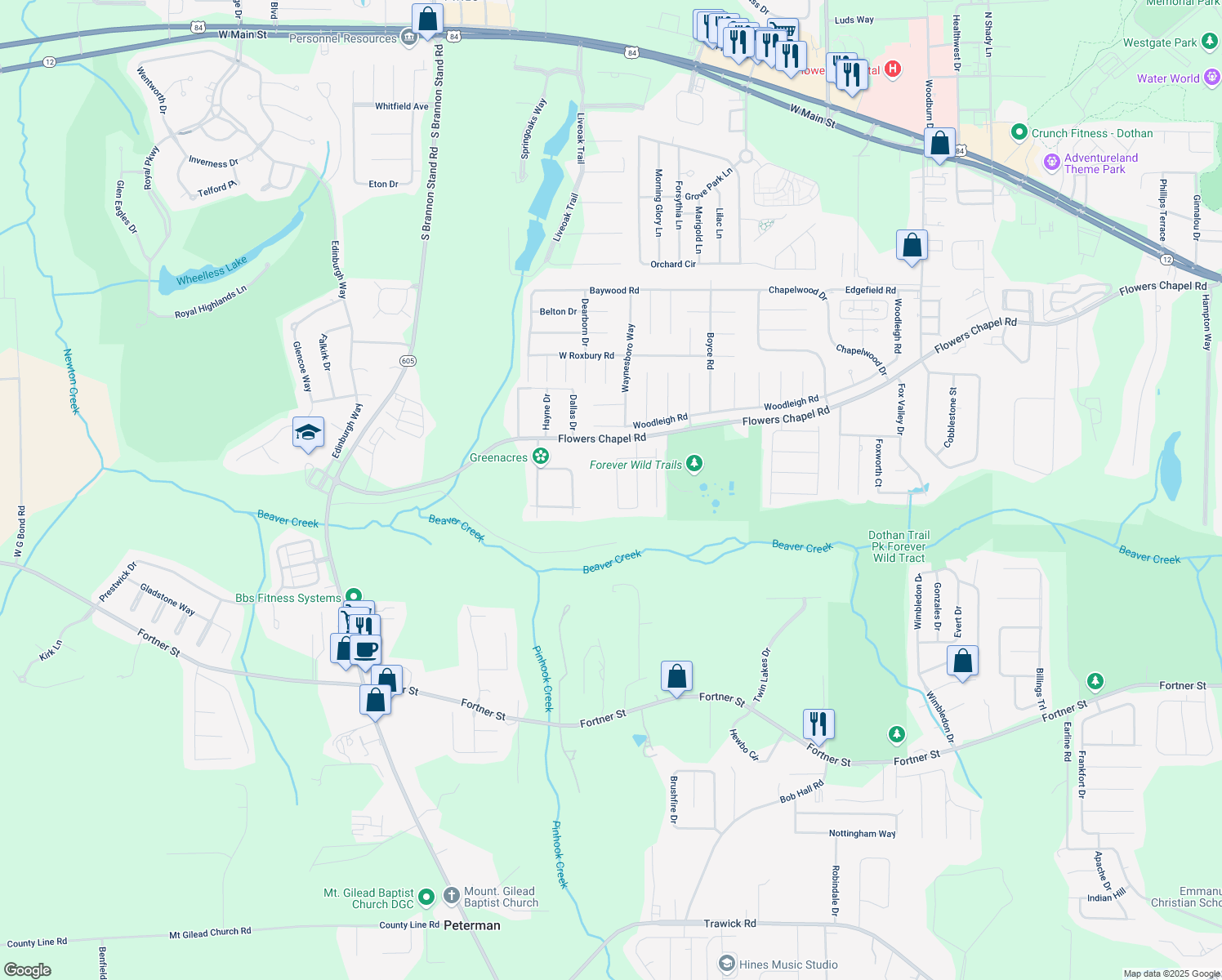 map of restaurants, bars, coffee shops, grocery stores, and more near 235 Lighthouse Drive in Dothan