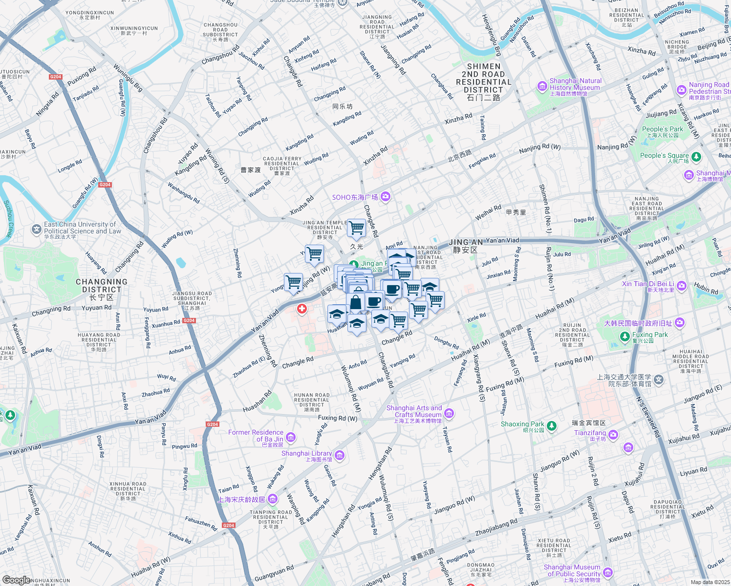 map of restaurants, bars, coffee shops, grocery stores, and more near Huashan Road in Shanghai