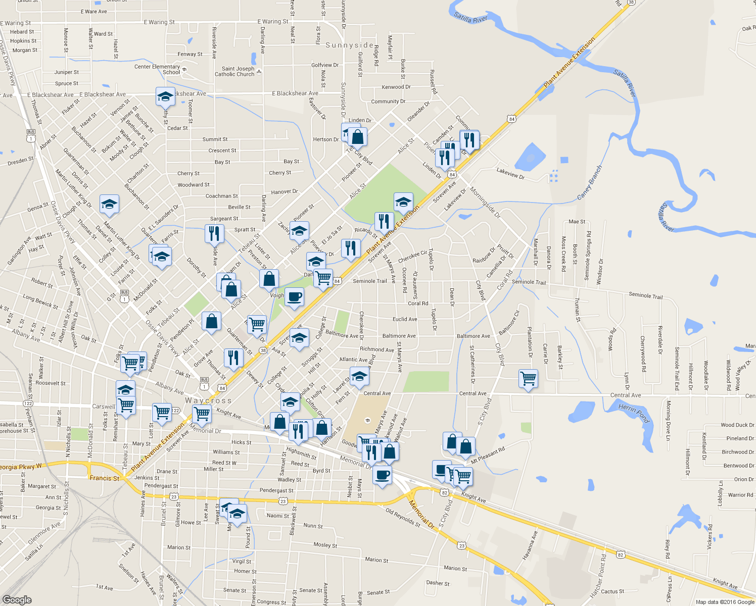 map of restaurants, bars, coffee shops, grocery stores, and more near 1500 Satilla Boulevard in Waycross