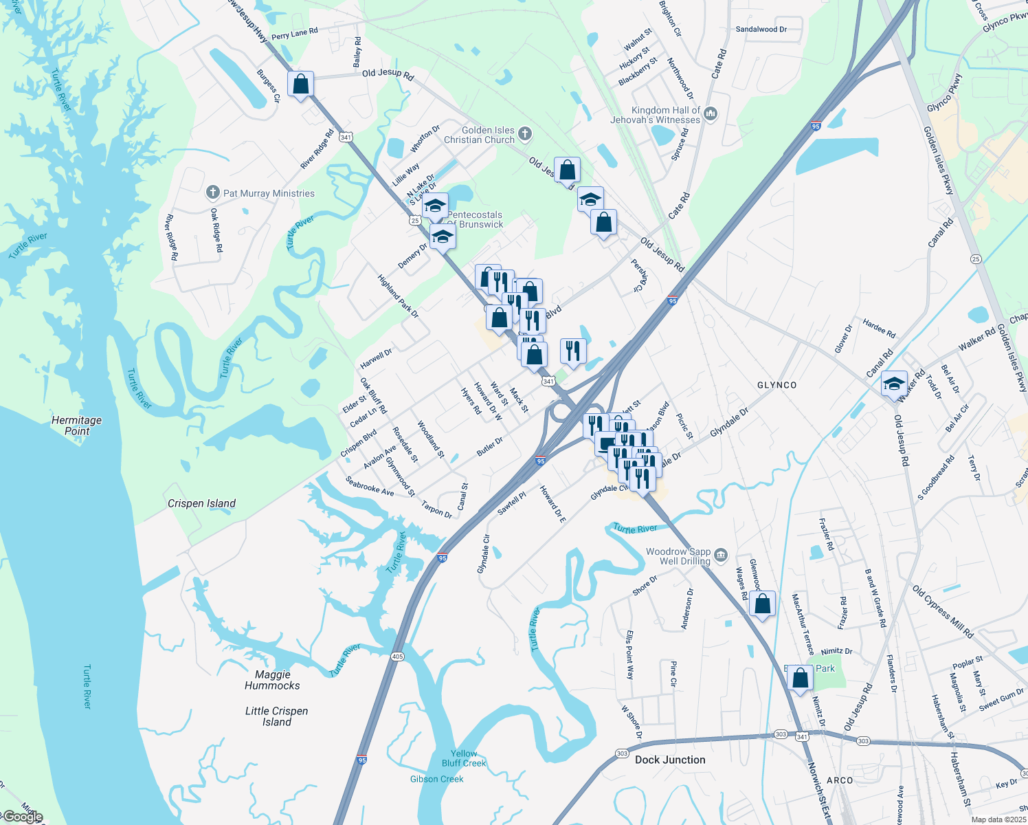 map of restaurants, bars, coffee shops, grocery stores, and more near 407 Ward St in Brunswick