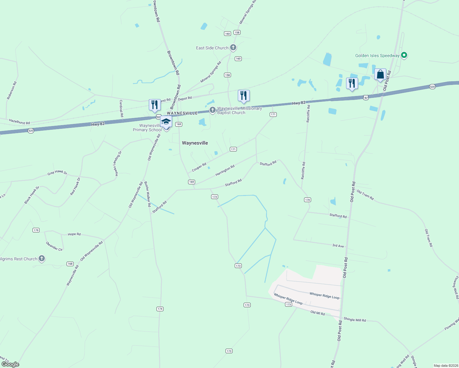 map of restaurants, bars, coffee shops, grocery stores, and more near County Road 170 in Waynesville