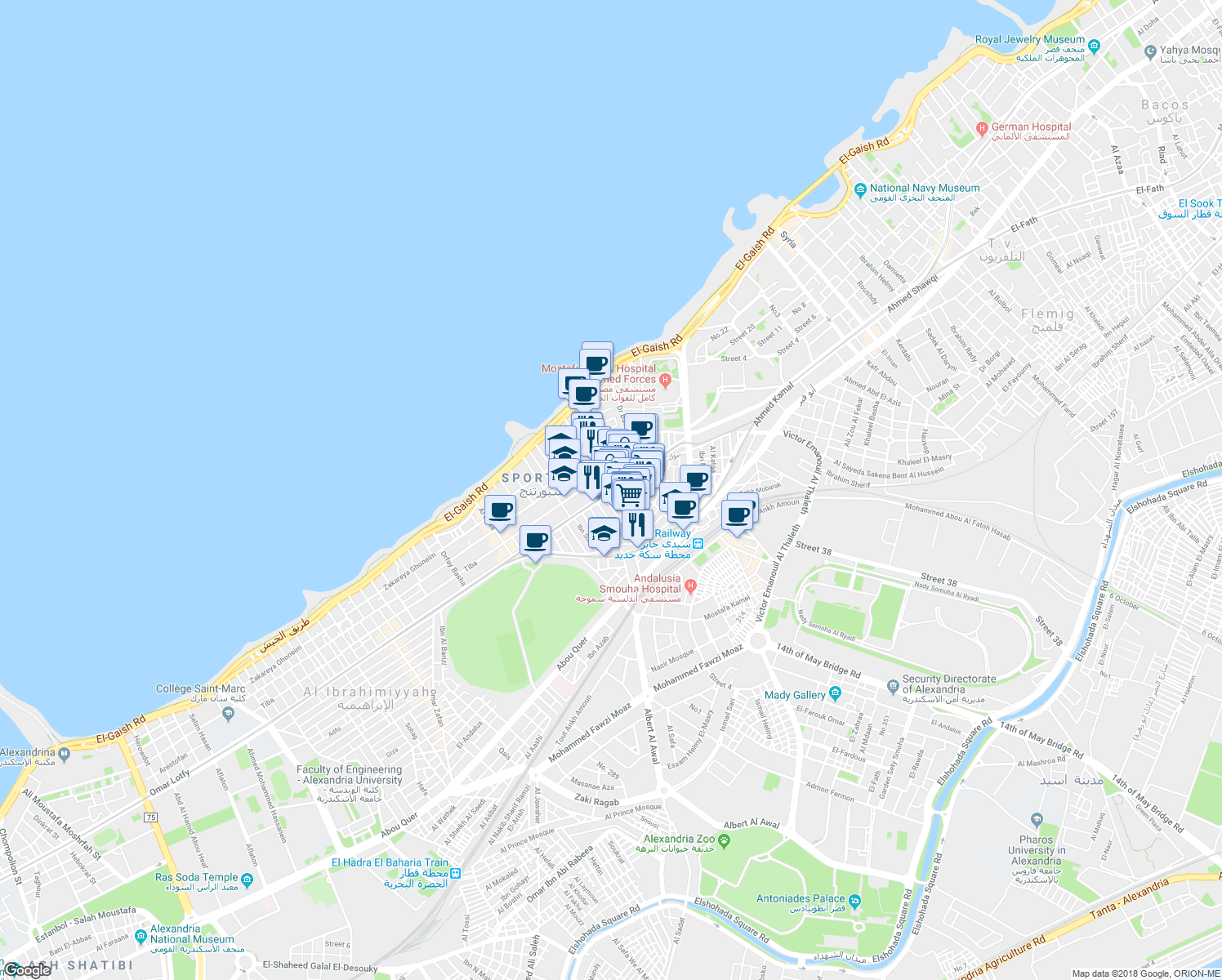 map of restaurants, bars, coffee shops, grocery stores, and more near in Sidi Gaber