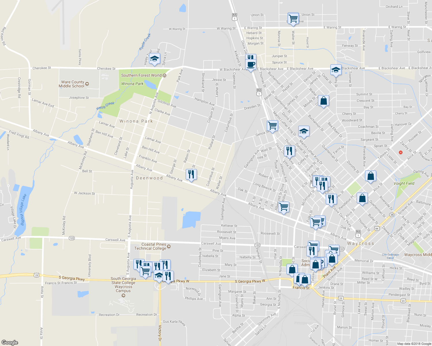 map of restaurants, bars, coffee shops, grocery stores, and more near 1437 Ben Hill Avenue in Waycross