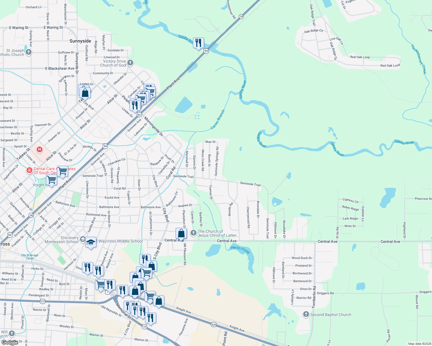 map of restaurants, bars, coffee shops, grocery stores, and more near 1622 Seminole Springs Road in Waycross