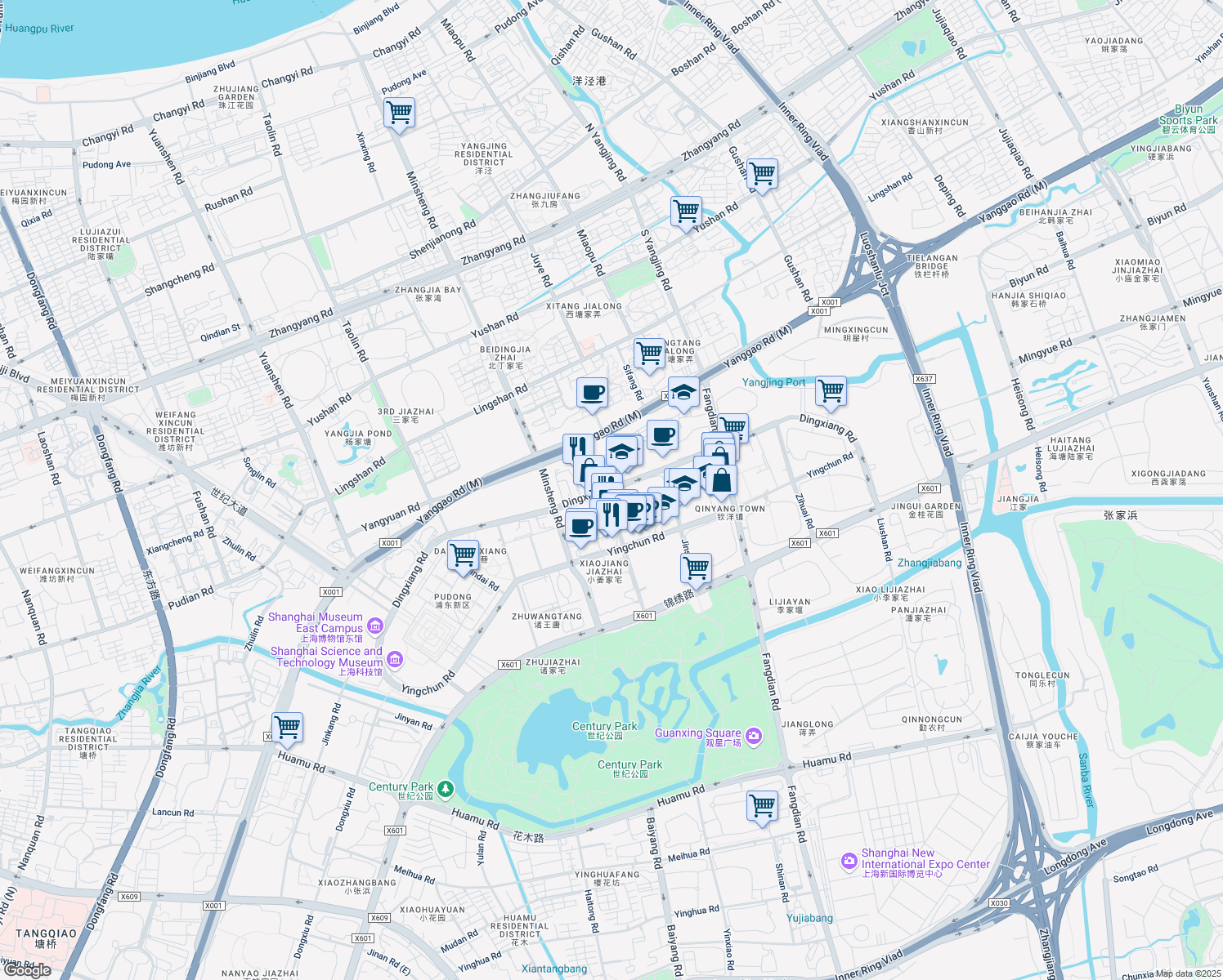 map of restaurants, bars, coffee shops, grocery stores, and more near Dingxiang Road in Shanghai