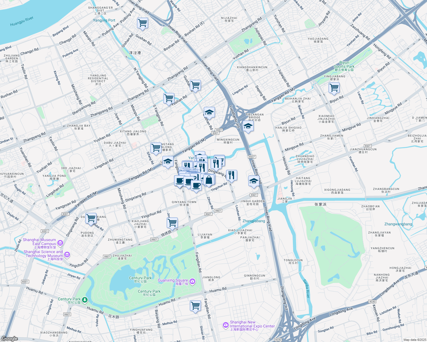 map of restaurants, bars, coffee shops, grocery stores, and more near Dingxiang Road in Shanghai