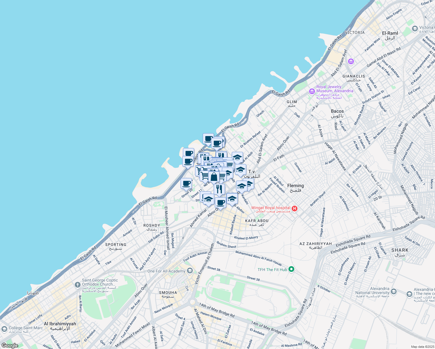 map of restaurants, bars, coffee shops, grocery stores, and more near Syria in Sidi Gaber