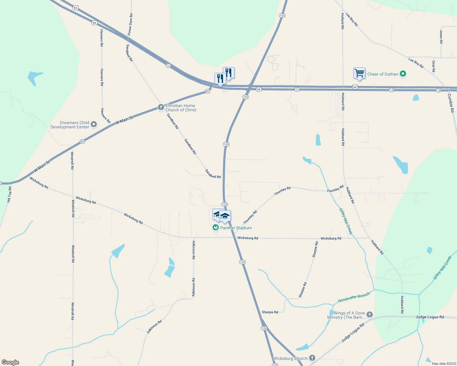 map of restaurants, bars, coffee shops, grocery stores, and more near 855 Highway 123 in Newton