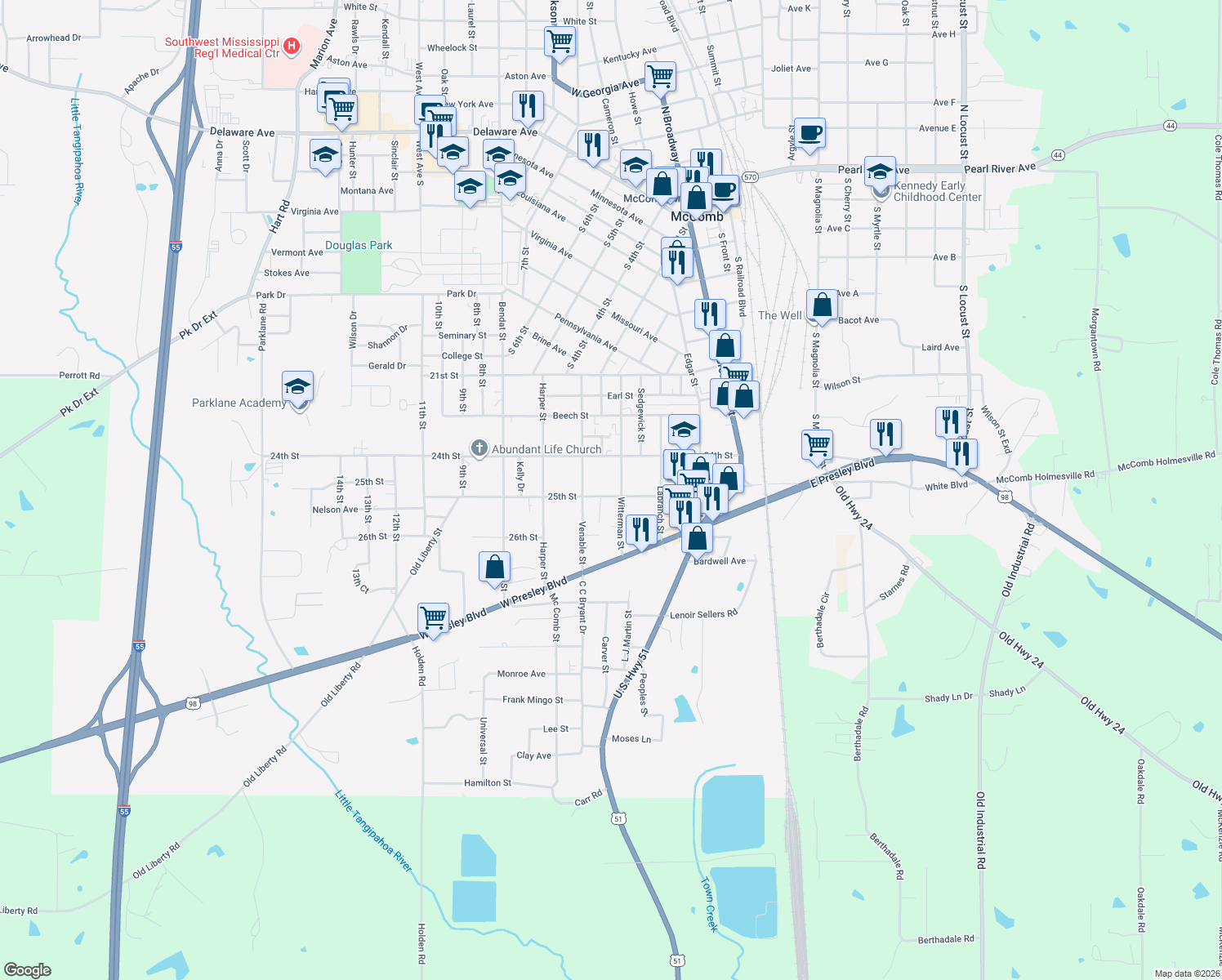 map of restaurants, bars, coffee shops, grocery stores, and more near 522 25th Street in McComb
