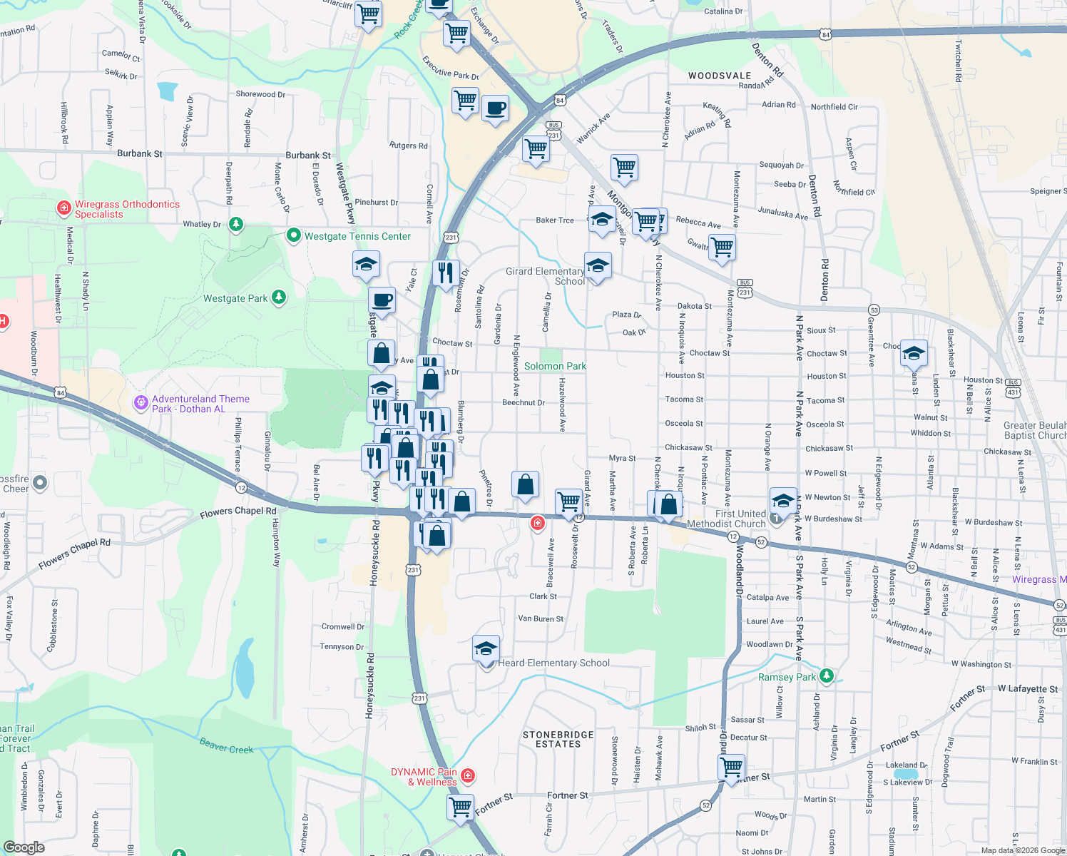 map of restaurants, bars, coffee shops, grocery stores, and more near 300 Kent Dr in Dothan