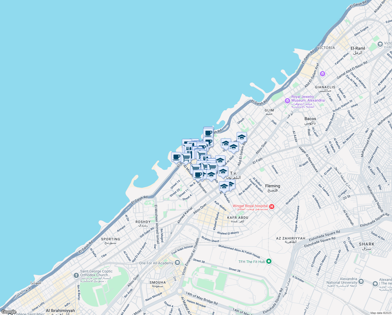 map of restaurants, bars, coffee shops, grocery stores, and more near Syria in Sidi Gaber